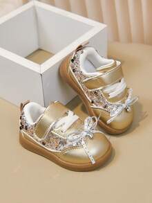 Gold Sequin Girls' First Walker Shoes, Heart Pendant Bow Magic Tape Princess Shoes For Baby Girls - Rose Gold - View 3
