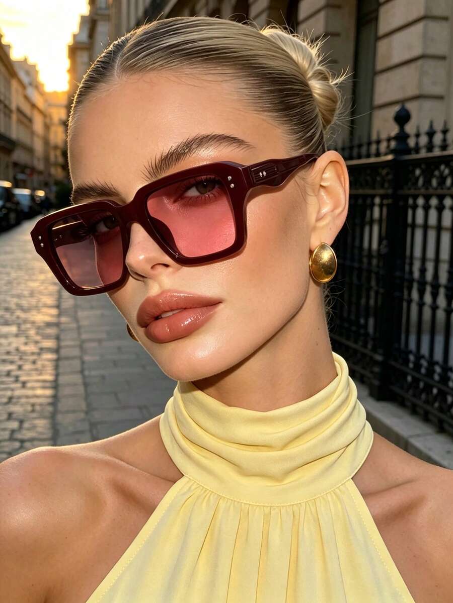1 Pair Square Full Frame Glasses, Personalized Fashion Glasses, Unisex Style, Casual Glasses, Suitable For Daily Wear, Street Photography And Party Accessory, Back To School Season - Burgundy - View 1
