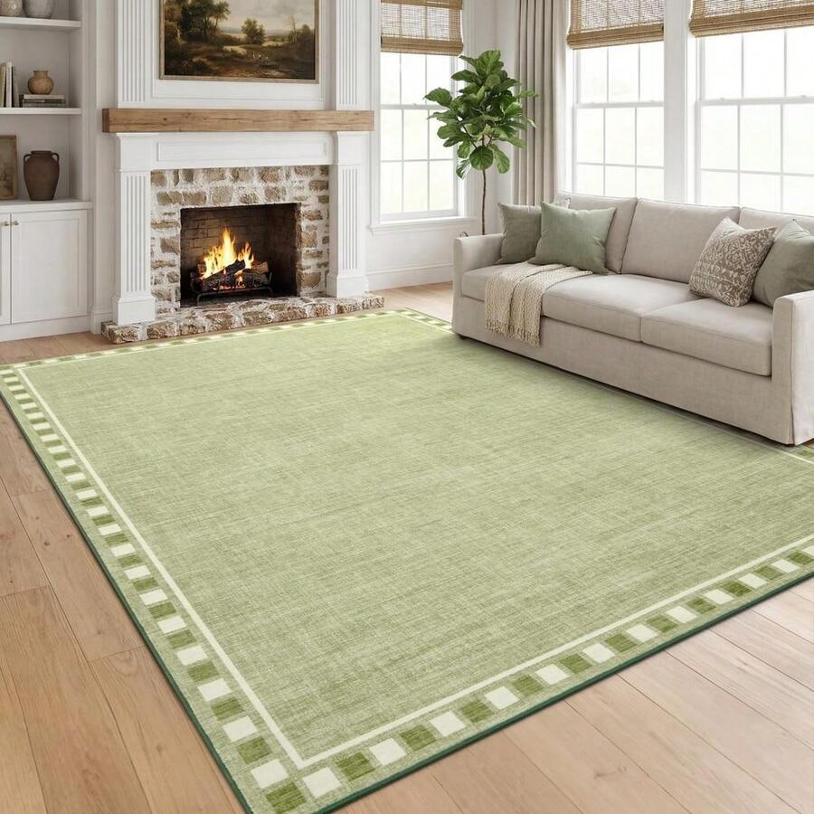 Beaully Modern Checkered‑Edge Washable Runner Rug, Low‑Pile Soft Non‑Shedding Mark‑Resistant Floor Carpet With Non‑Slip Backing For Hallway Entryway Kitchen Bathroom Bedroom - Green 8*10ft(244*305cm) - View 1