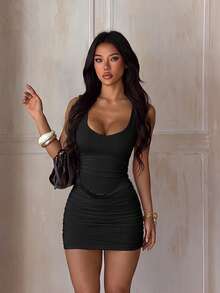 1pc Solid Color Sexy Knit Fabric Sleeveless Dress Beach Summer - Black - View 2