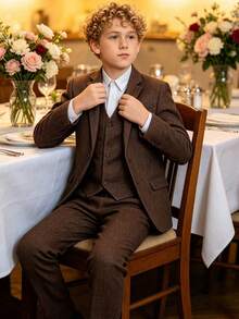 3pcs/Set Boys Herringbone Twill Suit Jacket, Vest, Pants, Suitable For Wedding, Birthday, School, Stage And Other Formal Occasions, Dark Brown, 6-16 Years Old - Brown - View 6