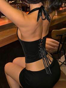 Yuwenier Elegant Black Halter Corset Top Satin Mesh Splice Deep V Button Front Tie Back Shapewear Bustier For Christmas Halloween Clothes - Black - View 4