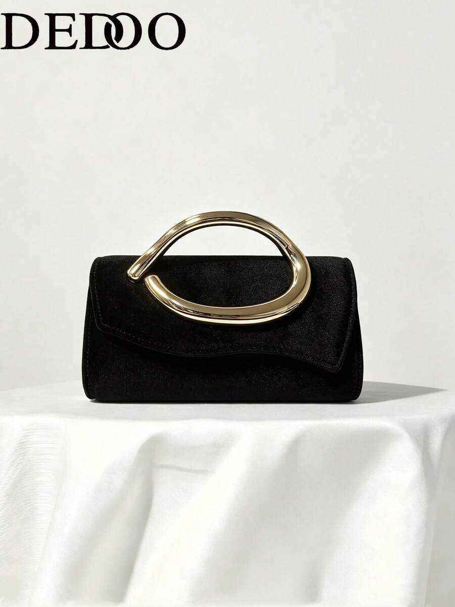 Dedoo Women's Evening Clutch Bag, Rectangular Flap Hard Shell, Curved Top Handle, Modern Minimalist Style, Suitable For Cocktail Party, Banquet, Formal Women's Handbag - Black - View 1