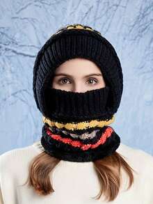 1 pieza Gorro de invierno para mujer con bufanda y mascarilla facial todo en uno, forro térmico, protección para orejas, para montar, a prueba de viento - Multicolor - Ver 4
