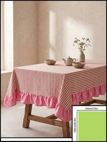 1pc White Base Red Striped Pink Ruffle Edge Tablecloth, Fresh Natural Style Fabric Rectangular Pink Ruffle Edge Patchwork Detail Decorative Functional Dining Tablecloth Suitable For Daily Home Dining And Fresh Home Decor Scenes - Red - View 13