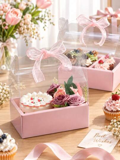 1/5pcs 4-Inch Transparent Floral Cake Boxes, Waterproof Dust-Proof Portable Bouquet Gift Packaging Box, DIY Candy Dessert Gift Container, Suitable For Birthday, Wedding, Valentine's Day, Mother's Day, Christmas, Graduation Party