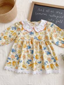 Girls' Spring/Autumn New Ditsy Floral Dress, Yellow & Blue Embroidered Peter Pan Collar Lace Trim Long Sleeve Princess Dress - Yellow - View 2