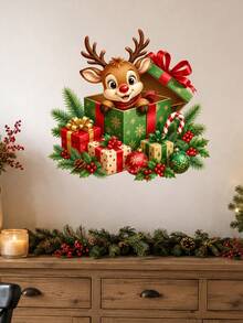 1pc Christmas Gift Box Wall Sticker, Santa Claus & Reindeer Surprise Gift Box Decoration Decal With Christmas Ornaments Holly Leaves Candy Cane And Holiday Present Design Self-Adhesive PVC Removable Waterproof Wall Sticker For Christmas Home Decor - Christmas Fun Wall Stickers - View 5