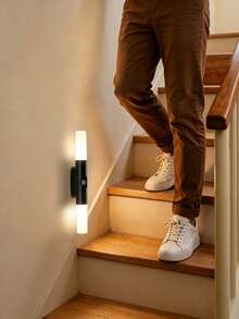 1pc Human Body Induction Wireless Wall Mount Night Light, Wood Grain RGB Multicolor LED Wall Lamp, Rechargeable Dual‑Head Sconce Lamp, Practical Decor Lighting For Staircase, Entryway, Bedroom Closet - Multicolor - View 7