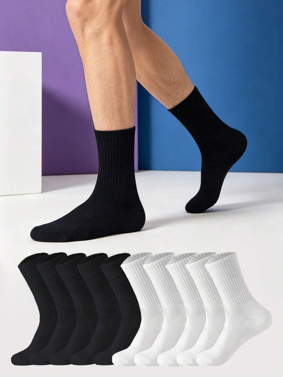 1/5/10/20 Pairs Men's Simple Mid-Calf Socks, Black & White Versatile Sports Casual Socks, Comfortable Soft Everyday Socks - Multicolor - View 1