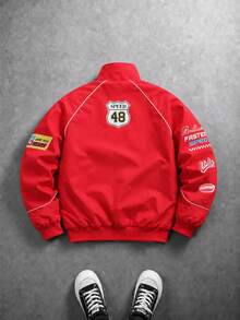 Men's Red & Black Colorblock F1 Racing Style Stand Collar Jacket, Multi-Print Loose Fit Vintage Motorcycle Casual Jacket, Spring/Autumn - Red - View 2