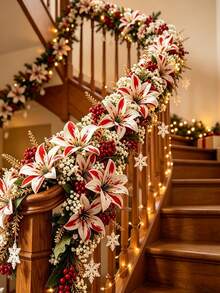 12/6/1pc Set Artificial Red & White Poinsettia Bouquet With Baby's Breath, Holiday Floral Arrangement Kit, Suitable For Fireplace, Stair Railing, Dining Table, Vase, Balcony Planter And Stage Backdrop, Perfect For Christmas Tree And Home Decor - Multicolor - View 5