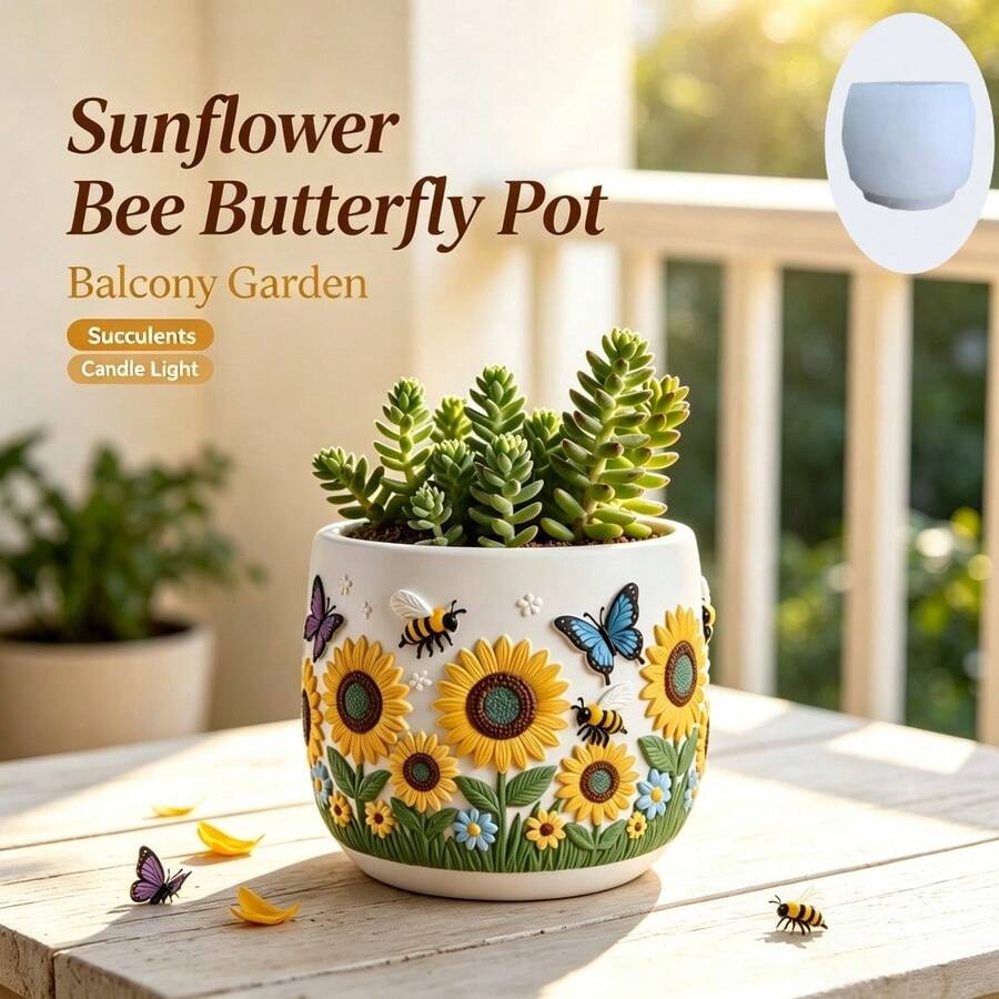 Sunflower Bee Butterfly Embossed Succulent Planter Silicone Mold, Can Make Aromatherapy Candles, DIY 3D Embossed Mold, Reusable, Compatible With Resin, Plaster, Cement, Clay, Handmade Decor, Home Holiday Gift - A - View 1
