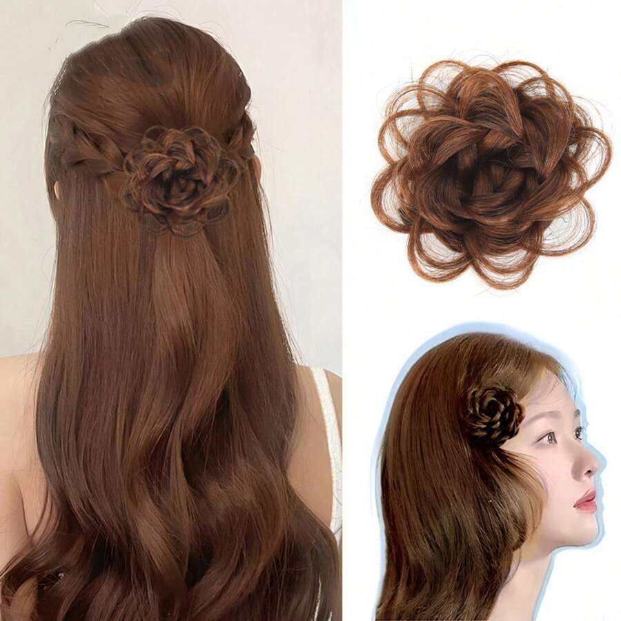 1pc,Synthetic Rose Flower Braided Hair Bun, Clip‑In Floral Chignon Hair Piece, Decorative Updo Hair Accessory - Multicolor - View 1