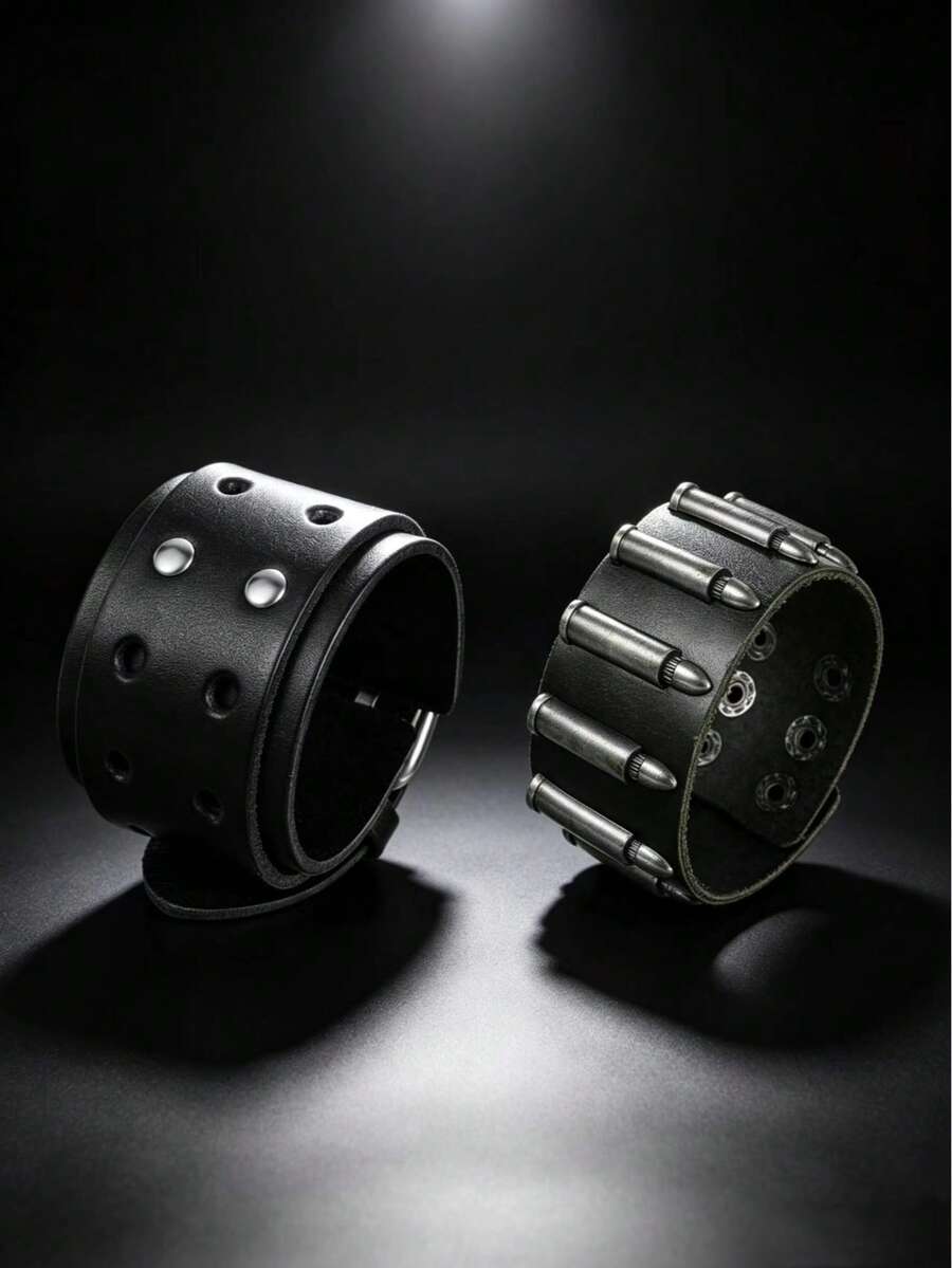 2pcs Punk Style Fashion Bracelets, Suitable For Men's Sports And Fashion Wear, Exquisite Bracelet Gift For Men - Black - View 1