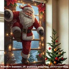 [Pai Ge Banner]1pc, Polyester Material, Christmas Theme Window Banner With Christmas Tree, Reindeer, Santa Claus Design For Christmas - Santa Claus Delivering Gifts - View 9