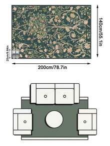 1PC Vintage Floral Bird Vine Pattern Deep Dark Green Area Rug, French Country Style Faux Cashmere Rectangular Dark Grid Border Machine Washable Floor Mat, Suitable For Living Room Bedroom Balcony Aesthetic Home Decor - Multicolor - View 12