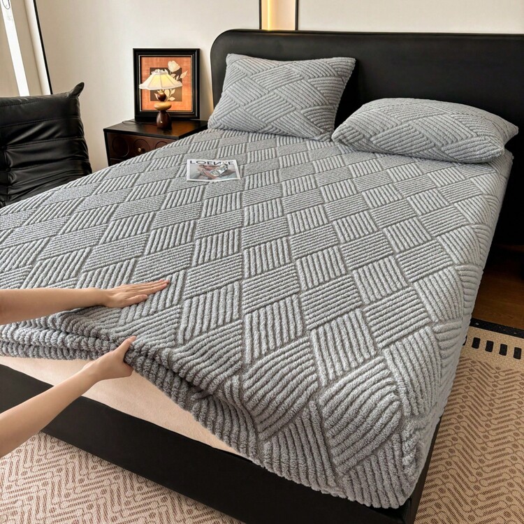 1pc Jacquard Fitted Sheet(Pillowcases Not Included), Available In Multiple Colors, Soft & Warm Mattress Protector, All‑Around Elastic Design, Comfortable And Durable Home Textile, Bedroom Bedding, Suitable For All Seasons, An Excellent Gift - Light Grey - View 2