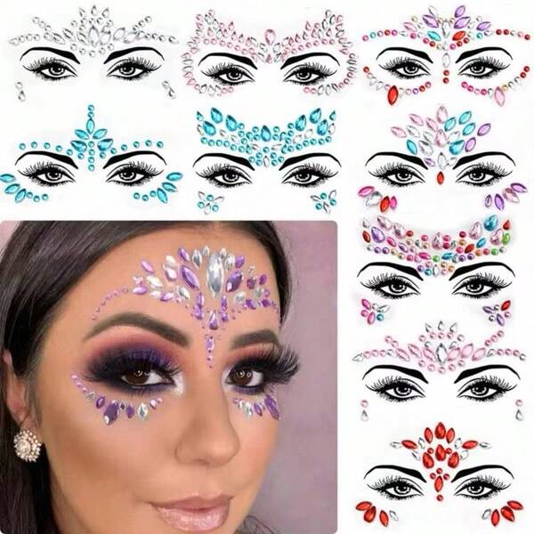 1/5 Hojas de Pegatinas de Tatuaje Facial Surtidas - Accesorios para Festivales, Color & Estilo Aleatorio, Pegatinas de Resina Acrílica con Strass, Pegatinas Impermeables para Maquillaje de Ojos en Fiestas y Bailes, Adecuadas para Escenario, Fiesta de Disfraces, Halloween, Festival, Fiesta, Festival de Música