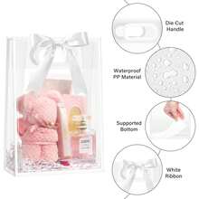 12pcs Clear Gift Bags With White Trim And Satin Ribbon Bows; Reusable Clear PVC Tote Bags; Perfect For Weddings, Bridal Showers, Birthday Gift Wrapping, Baby Showers, And Elegant Gift Packaging; Also Suitable For Displaying Flowers In Boutiques - Transparent Gift Bag With White Trim (including Ribbon) - View 2