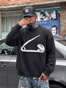 ANDREILEE Sweater Pullover Pria Kasual Bermotif Menarik Warna Polos Minimalis Kerah Bulat Lengan Panjang Longgar untuk Pemakaian Sehari-hari, di Rumah, Kantor, Perjalanan, Serbaguna Musim Gugur/Dingin - Hitam - View 1