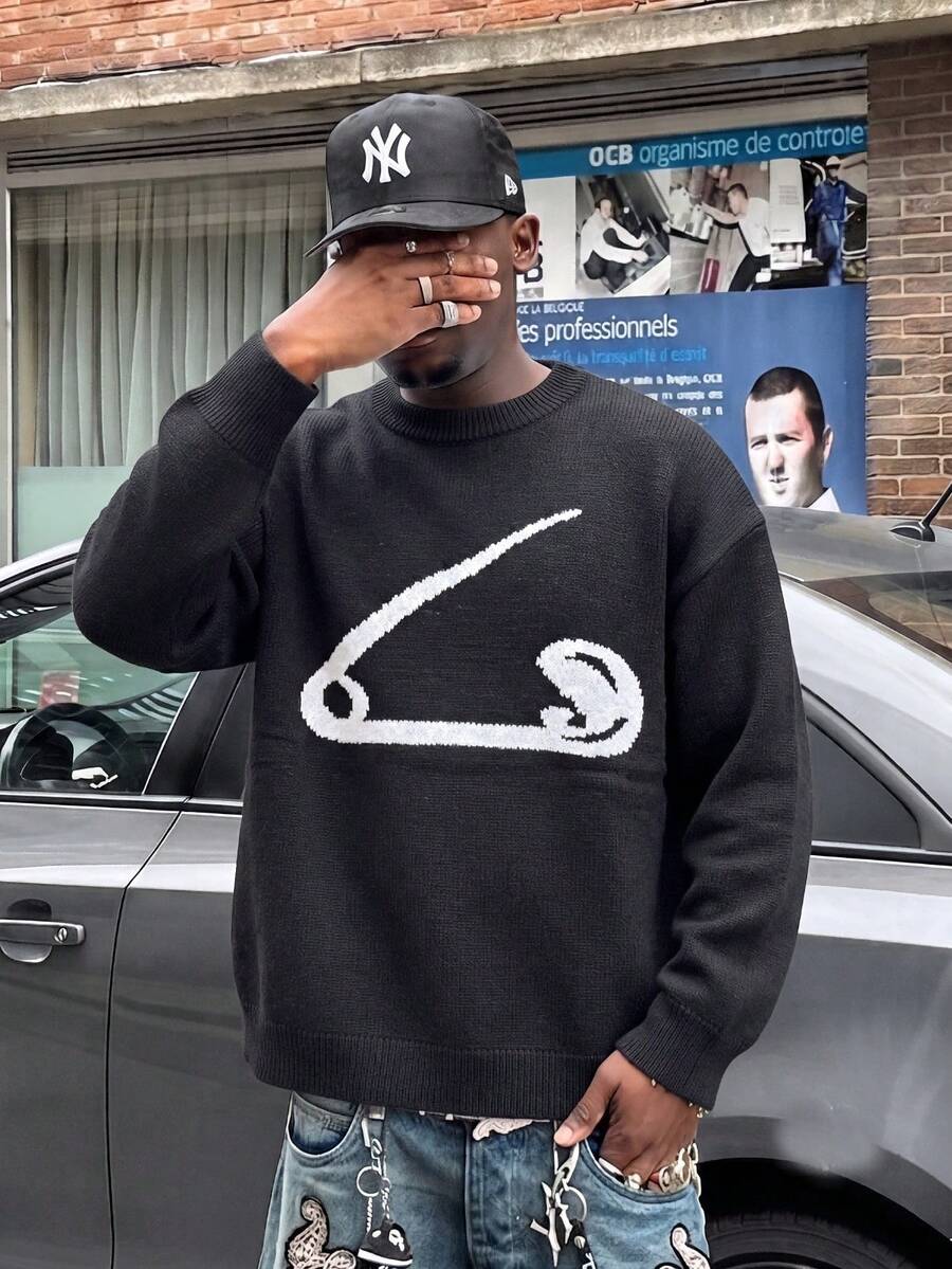 ANDREILEE Sweater Pullover Pria Kasual Bermotif Menarik Warna Polos Minimalis Kerah Bulat Lengan Panjang Longgar untuk Pemakaian Sehari-hari, di Rumah, Kantor, Perjalanan, Serbaguna Musim Gugur/Dingin - Hitam - View 1