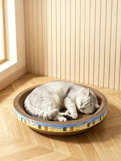 Tigela Redonda Ondulada para Arranhar Gatos, Almofada de Arranhar em Cartão Durável e Resistente ao Desgaste, Ninho para Gatos que Protege os Móveis com Estampa Fofa de Gatinho, para Uso Doméstico Interior para Gatos Pequenos e Médios, Ideal para Afiar as Garras e Sonecas
