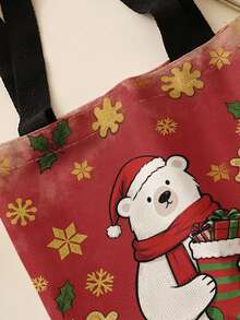 1pc Christmas Bear Print Canvas Tote Bag, Large Capacity Hand‑Held Shoulder Bag,Reusable Shopping Bag For Music Festival Party Daily Packing Books - Multicolor - View 5