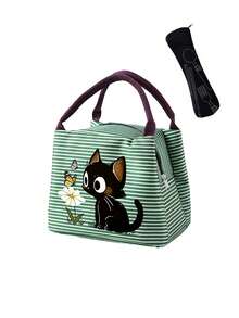 Aesthetic Striped Insulated Lunch Bag, Black Cat & Leaf Pattern, Lightweight Canvas Lunch Box, Large Capacity, Suitable For Work, School, Picnic, Travel, Hiking - Multicolor - View 11