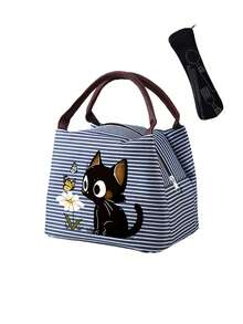 Aesthetic Striped Insulated Lunch Bag, Black Cat & Leaf Pattern, Lightweight Canvas Lunch Box, Large Capacity, Suitable For Work, School, Picnic, Travel, Hiking - Multicolor - View 14