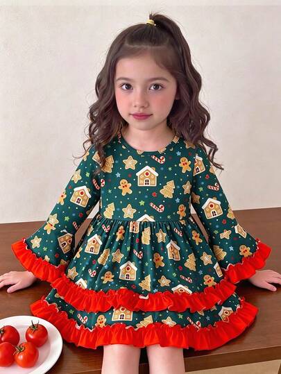 Girls' 1pc Snowflake Gingerbread Man Candy Cane Print All-Over Random Cut Long Sleeve Dress Outdoor Christmas Spring Autumn