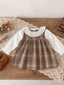 Girls' Spring/Autumn New Plaid Dress, Brown Check 2 In 1 Peter Pan Collar Long Sleeve Princess Dress - Khaki - View 4
