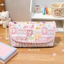 1pc Colorful Patchwork Pencil Case, Large Capacity Multi-Layer Stationery Organizer With Pink Pom Pom Trim, Zipper Compartment And Snap Front Pocket, Portable Storage Bag For Pens, Pencils, Erasers, Rulers, Cards And School Supplies, - Colorful Print - View 8