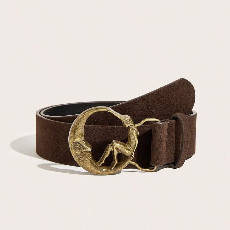1pc Women's Vintage Moon Girl Round Buckle Coffee Suede Waist Belt, Suitable For Daily Use - Coffee - View 6