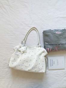 Polka Dot Print Tote Bag With Star Charm, Large Capacity Storage, Adjustable Drawstring, Sweet Casual Style, Handheld And Shoulder Carry, Suitable For School, Commute, Shopping, Travel, Daily Use, Fresh Atmosphere, Easy To Match With Various Outfits, Practical And Stylish - White - View 8