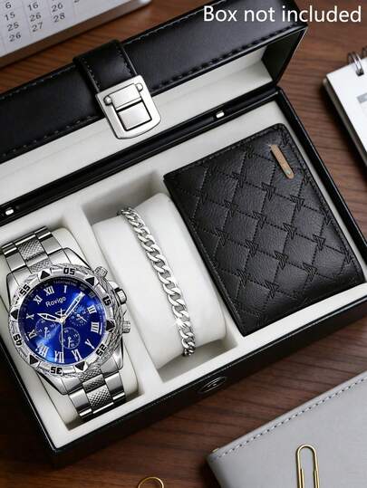 Set de 3 relojes de lujo para hombres en plata, parte de la colección de joyería para hombres, que incluye 1 reloj de cuarzo multifunción con números romanos azules, correa de metal plateado y bisel 3D, junto con una pulsera de cadena plateada y una billetera de piel sintética negra. Diseño elegante y de moda que muestra encanto y estilo.