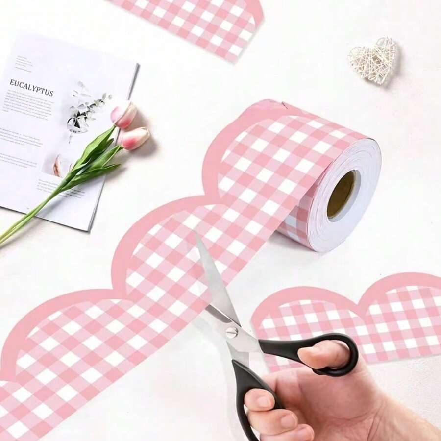 Pink And White Plaid Self-Adhesive Bulletin Board Border, Pink And White Plaid Pattern, Wavy Edge Design, Self-Adhesive Backing For Easy Application, Customizable Cutting, Suitable For Classroom School Bulletin Boards, Office, Home Wall Decor, Handmade DIY, Campus Atmosphere Decoration Strip - A - View 1