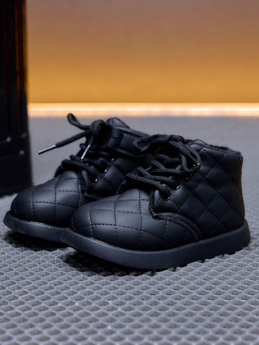 Children's Quilted Diamond Pattern Ankle Boots For Girls Lace-Up Thermal Lined Thick Sole Anti-Slip Casual Shoes For Autumn/Winter - Black - View 1