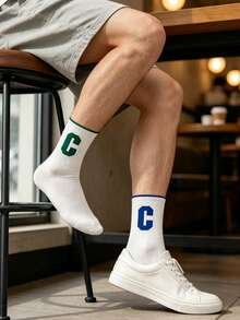 2 Pairs Men's Mid-Calf Socks With Letter C, Green, Blue, White, Suitable For Outdoor And Indoor, Unisex, Comfortable Fabric, Fashion, Sports, Gift For Men - Multicolor - View 4