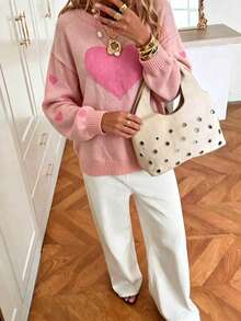 Elegant Cute Heart Pattern Design Long Sleeve Pullover Sweater, Autumn/Winter Minimalist Sweet Style Loose Versatile Knit Top For Women, Valentine's Day - Pink - View 6