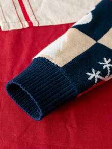 Boys Cute Christmas Snowflake & Plaid Pattern Crew Neck Long Sleeve Knit Pullover Sweater, Suitable For Christmas, Casual Wear, Spring, Autumn, Winter - Navy Blue - View 6