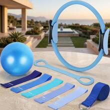 Satu set perlengkapan olahraga rumahan yang berisi 5 jenis resistance band, termasuk peralatan Pilates penting seperti cincin Pilates, bola latihan mini, tali yoga, dan resistance band. - MultiWarna - View 9