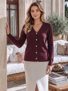 NiceArt Women's V‑Neck Gold Button Front Long Sleeve Knit Cardigan Wool Blended Fall Winter Elegant Vintage For Festival Office Date Party Outfits - Burgundy - View 8