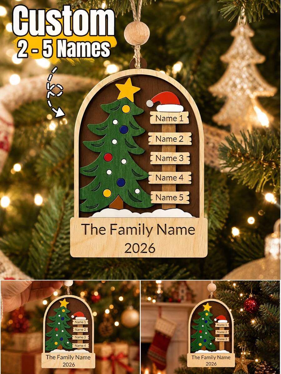 Custom Family Name Wooden Christmas Ornament, Personalized 2-5 Names Tree Decoration, Customized Xmas Keepsake Gift, Customizable Holiday Hanging Ornament For Family Parents Grandparents - Style B - View 1