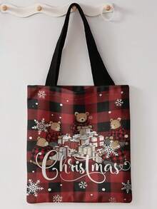 1pc Christmas Plaid Print Print Shoulder Tote,Large Capacity For Books,Groceries & Daily Beach Travel School Use.For Students, Great Daily Bag Or Gift - Red - View 12