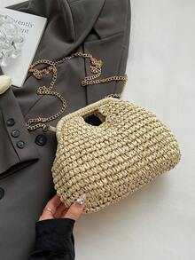 Dedoo Women's Dumpling-Shaped Woven Straw Crossbody Bag, Chain Shoulder Strap, Hand Carry Handle, Bohemian Style, Suitable For Summer Beach Vacation (Includes Gift Bag) - Beige - View 9