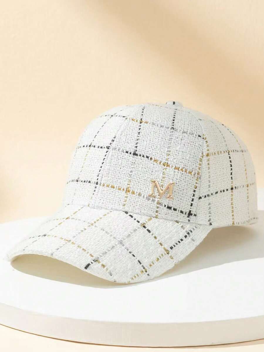 1pc Women's Fine Glitter Line Plaid M Baseball Cap, Sun Protection Duck Bill Hat For Commuting, Street, Travel, Hiking, Fishing, Driver And Gift - White - View 1