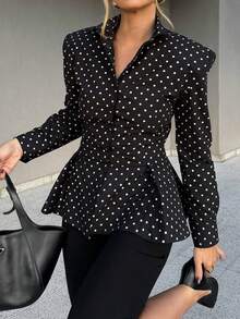 Unadoll Women's Autumn Black Polka Dot Ruffle Trim Blouse, Elegant Long Sleeve Slim Fit Shirt, Fashionable For Commuting, Office And Back To School - Black - View 2