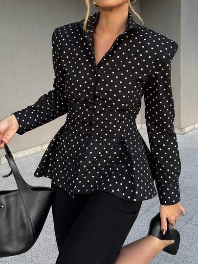 Áo blouse nữ Unadoll mùa thu màu đen chấm bi phối bèo, tay dài ôm dáng thanh lịch, thời trang đi làm, văn phòng và đi học