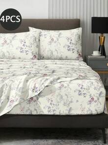 4-Piece Garden Floral Butterfly Bird Pattern Bedding Set, Includes 1 Fitted Sheet, 1 Flat Sheet And 2 Pillowcases (Pillow Inserts Not Included). Fitted Sheet Set, Available Sizes: King, Queen, Full, Twin. Fitted Sheet Deep Pocket Design, Pillowcases Up To 11.8 Inches. Soft And Breathable, Wrinkle-Resistant - Multicolor - View 2